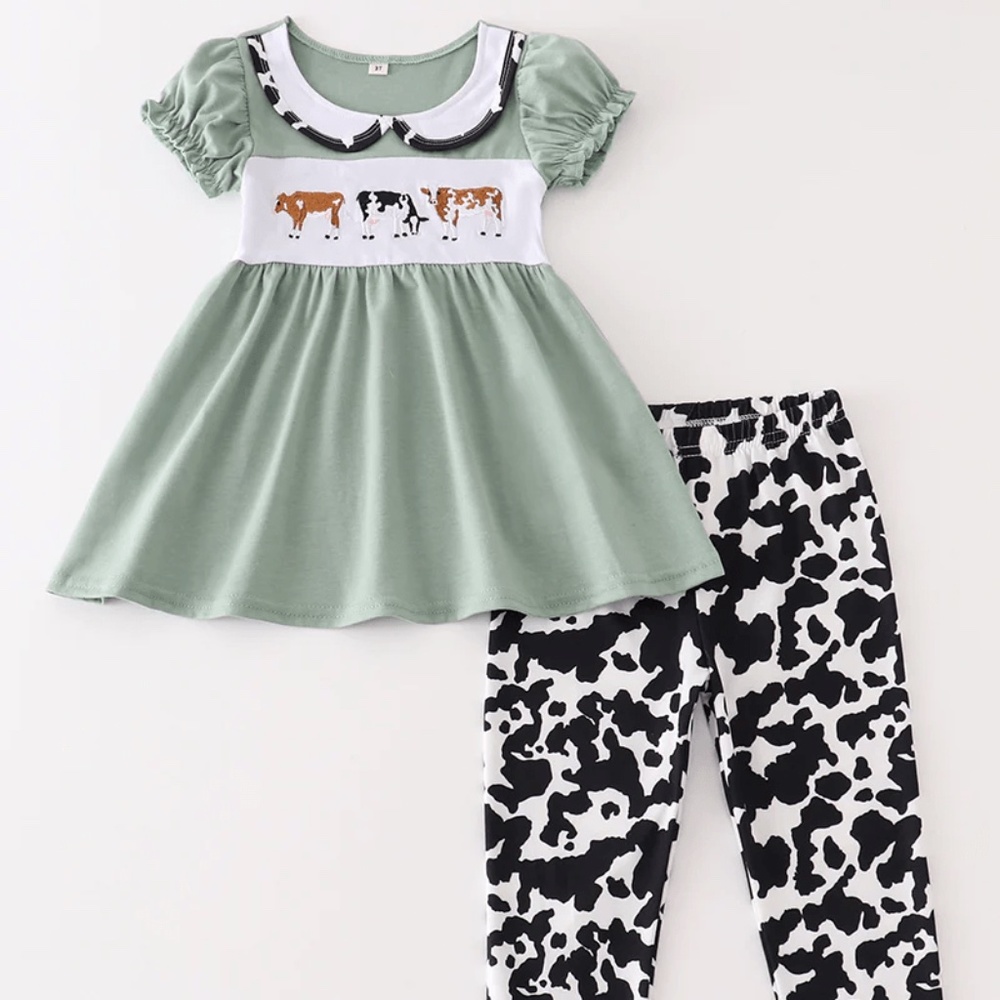 Honeydew cow print farm embroidery girls set